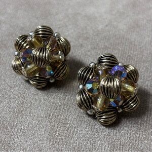 Vintage 1950's Gold & Rhinestones Cluster Clip -On Earrings -signed